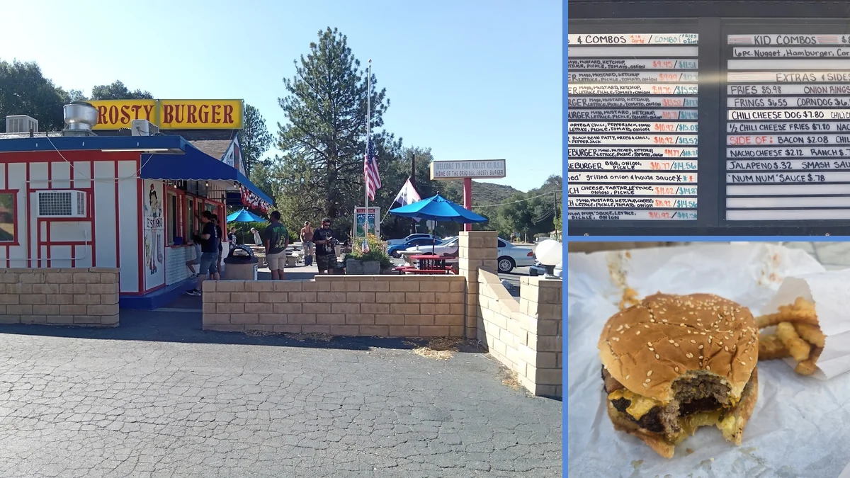 Shakes and malts beside a burger and hot dog.