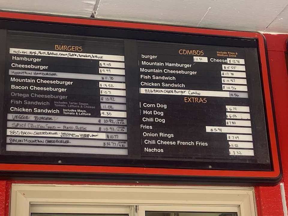 Menu layout for burgers, malts, and banana splits.